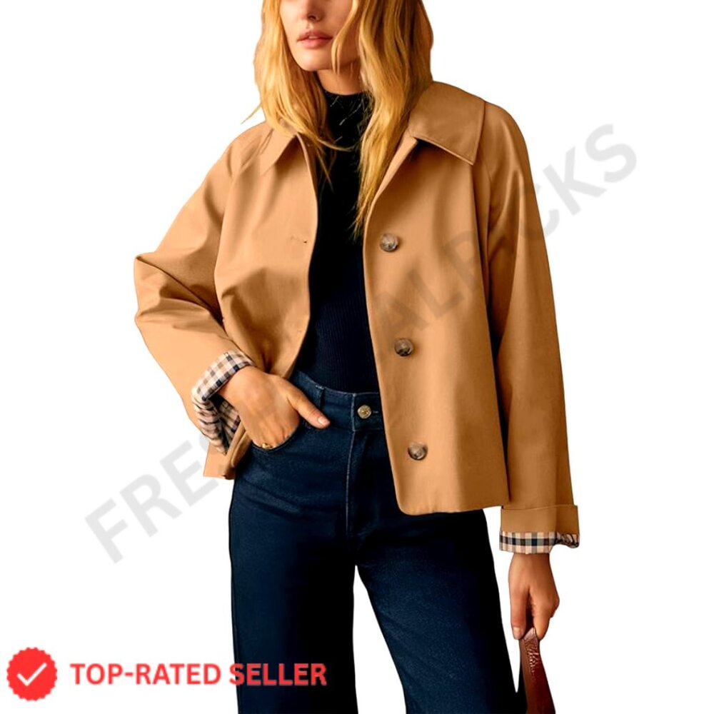 Lightweight Trench Jacket Classic Casual Button Front Plaid Lining Pockets